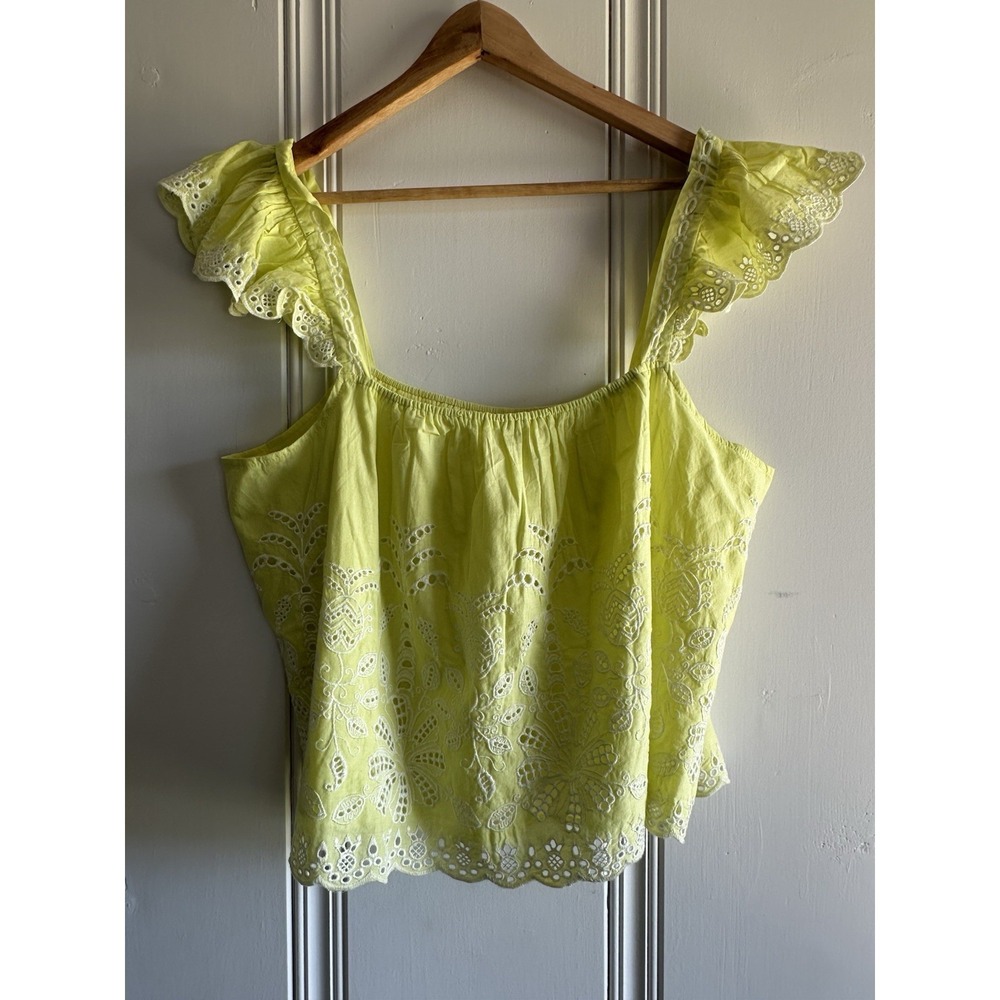Cottagecore Eyelet Blouse XL Yellow Embroidered Flutter‎ Sleeve Top